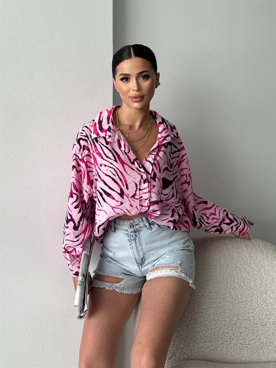 Pembe Zebra Desenli Gömlek