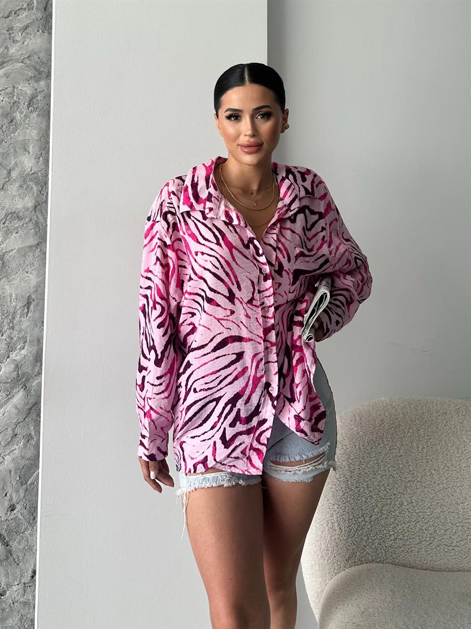 Pembe Zebra Desenli Gömlek