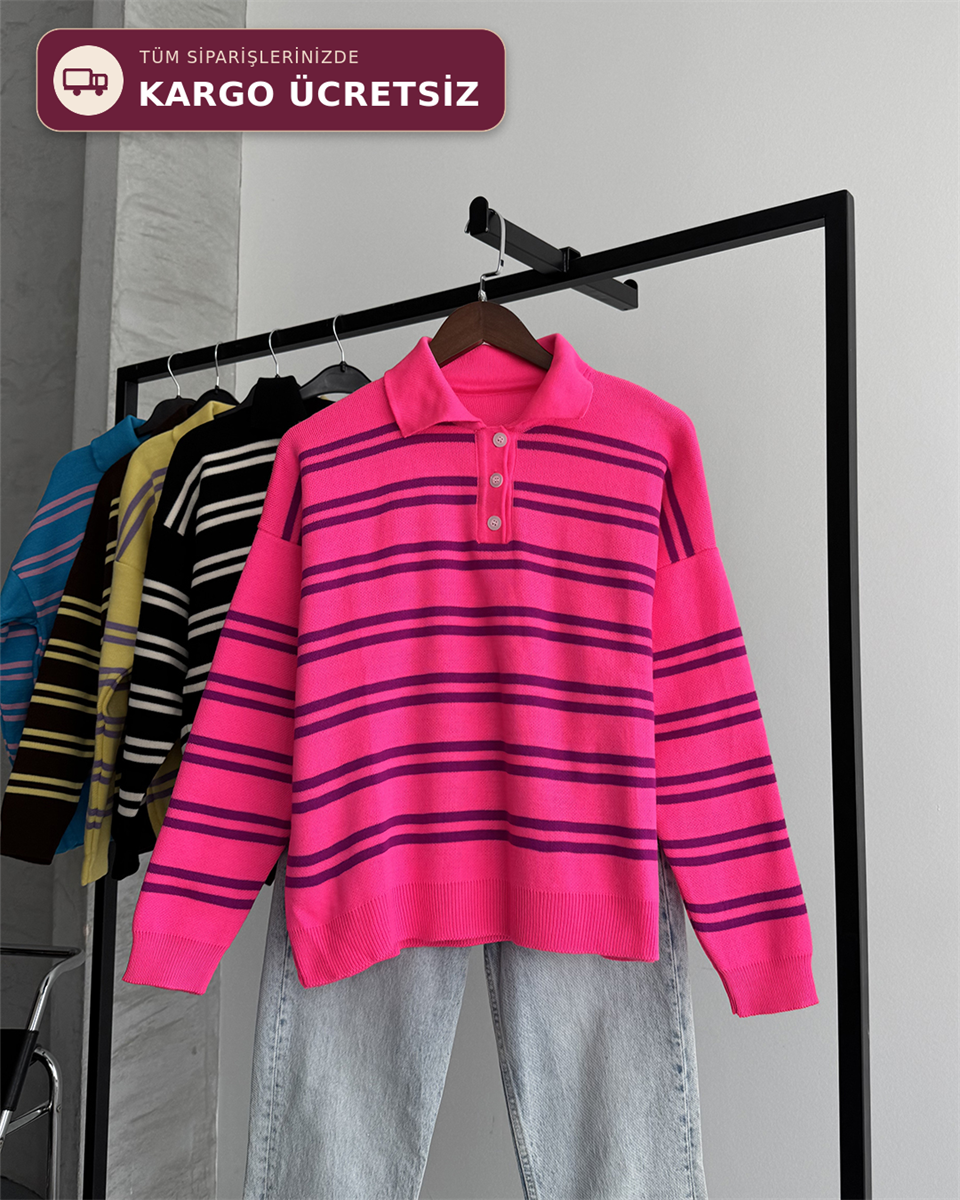Polo Yaka Düğmeli Çizgili Oversize Fuşya Triko Kazak