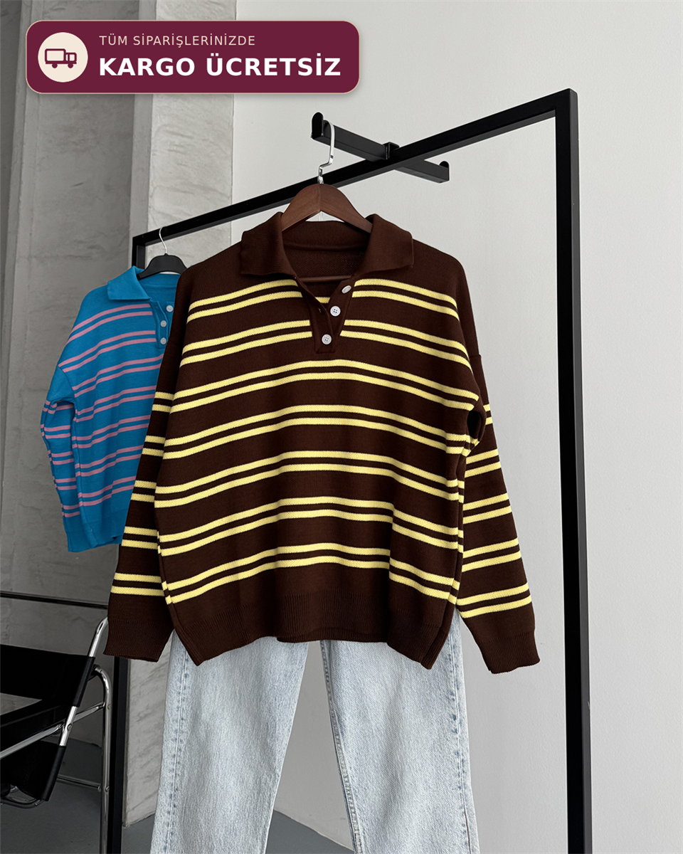 Polo Yaka Düğmeli Çizgili Oversize Kahverengi Triko Kazak