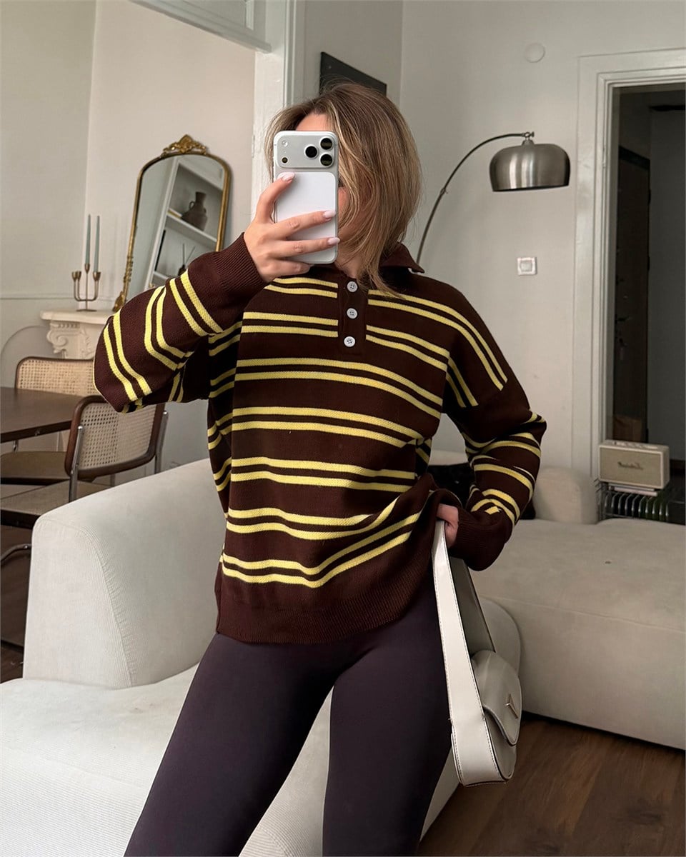 Polo Yaka Düğmeli Çizgili Oversize Kahverengi Triko Kazak