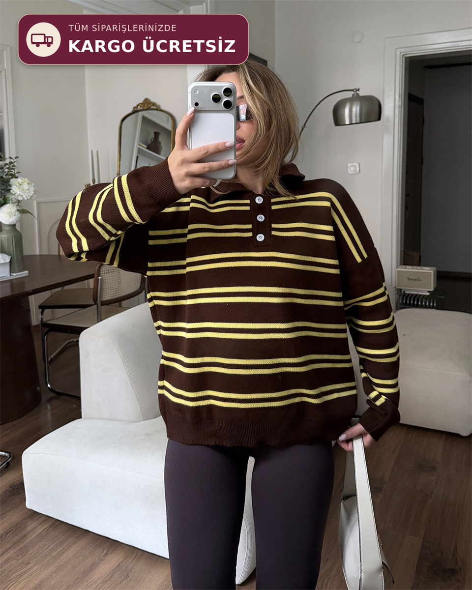 Polo Yaka Düğmeli Çizgili Oversize Kahverengi Triko Kazak