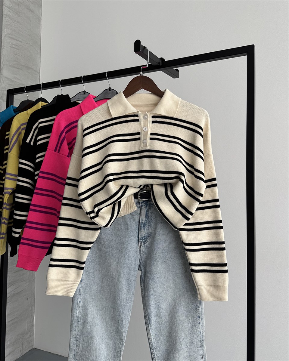Polo Yaka Düğmeli Çizgili Oversize Krem Triko Kazak