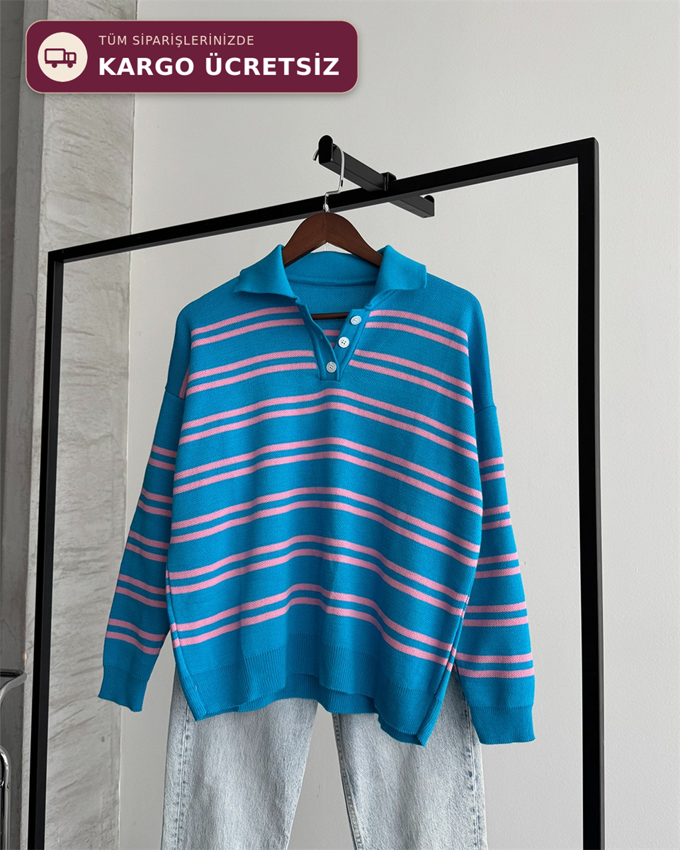 Polo Yaka Düğmeli Çizgili Oversize Mavi Triko Kazak