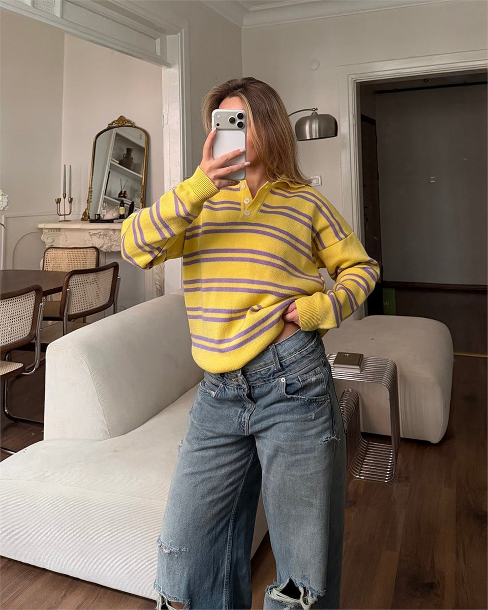 Polo Yaka Düğmeli Çizgili Oversize Sarı Triko Kazak