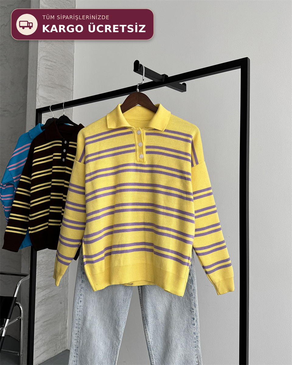 Polo Yaka Düğmeli Çizgili Oversize Sarı Triko Kazak