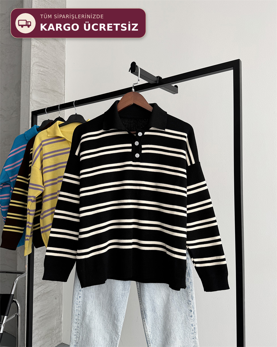 Polo Yaka Düğmeli Çizgili Oversize Siyah Triko Kazak