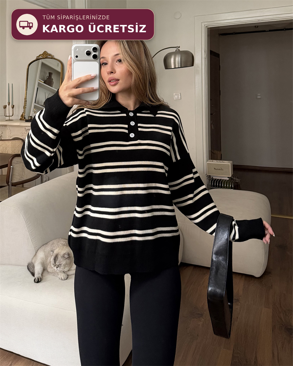Polo Yaka Düğmeli Çizgili Oversize Siyah Triko Kazak