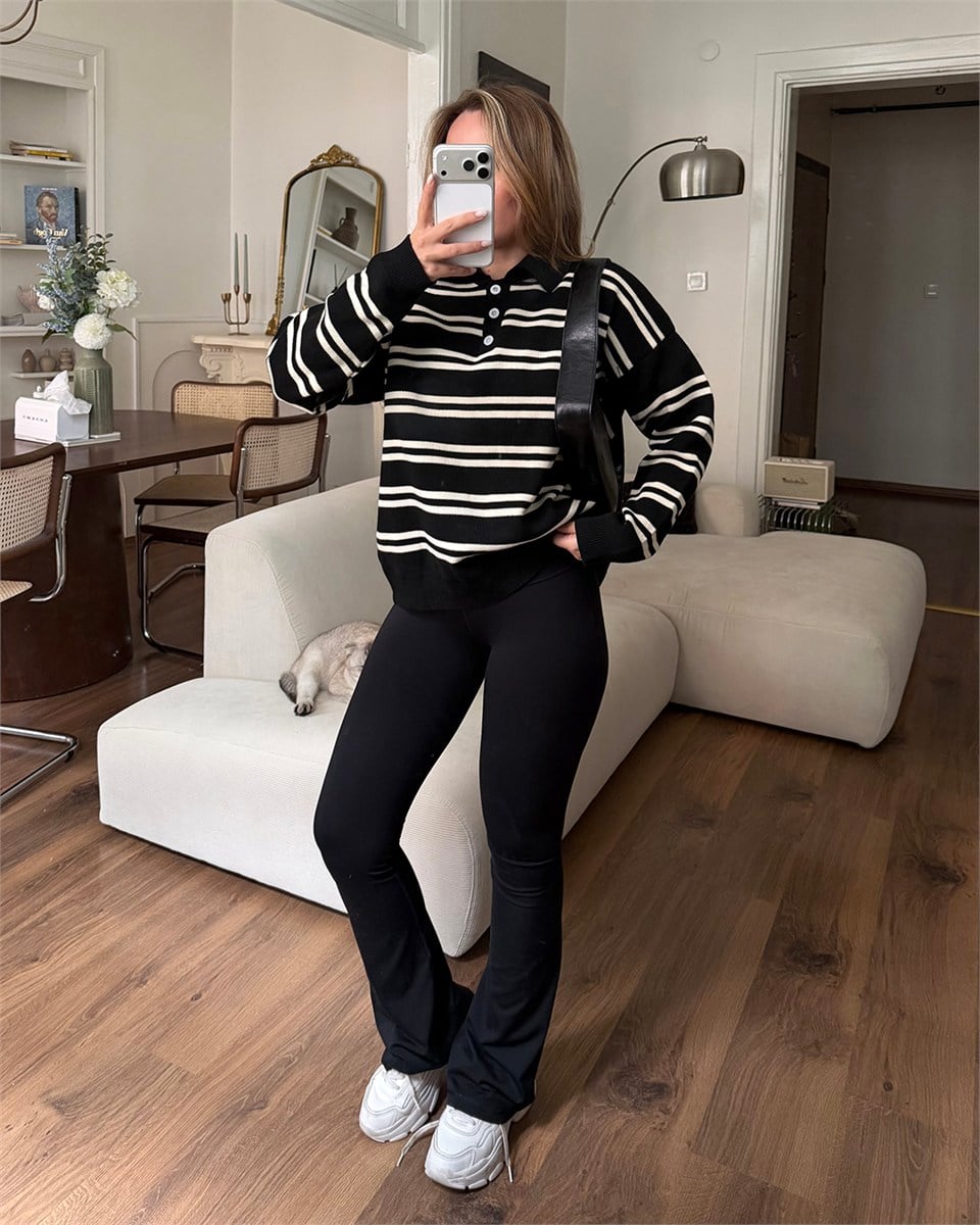 Polo Yaka Düğmeli Çizgili Oversize Siyah Triko Kazak