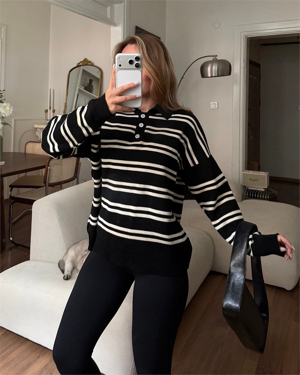 Polo Yaka Düğmeli Çizgili Oversize Siyah Triko Kazak