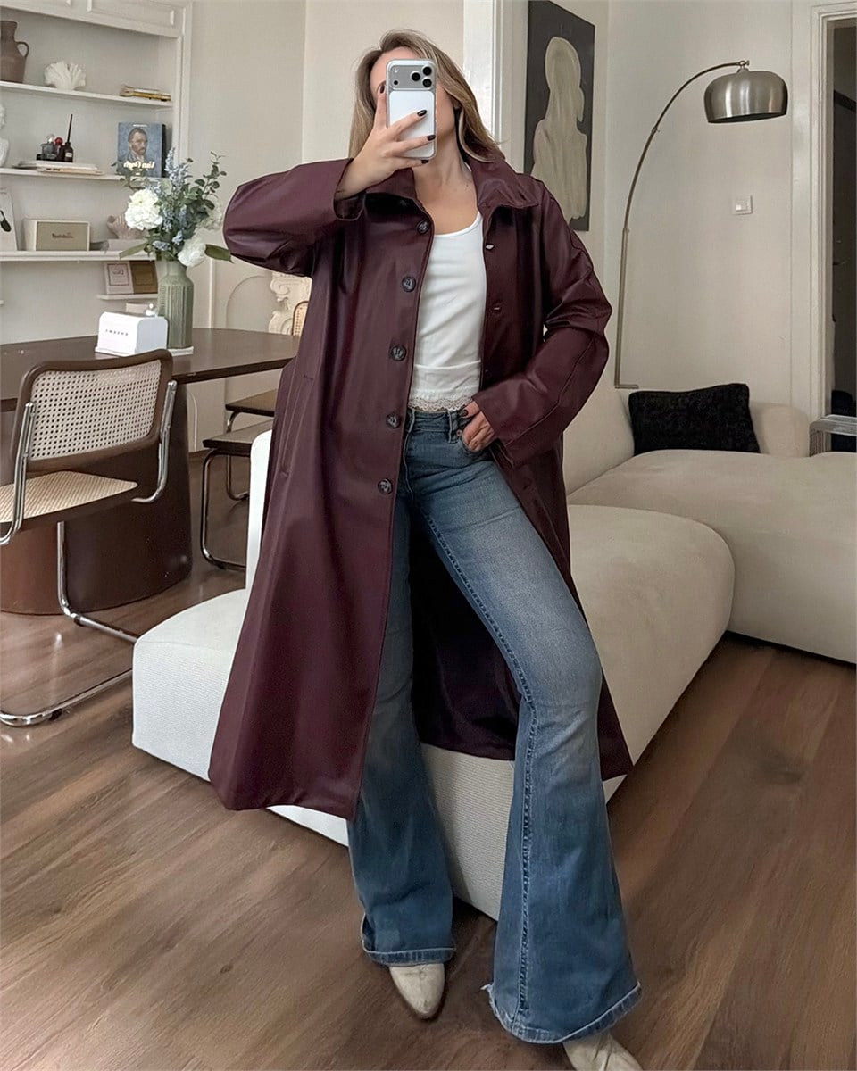 Premium Bordo Deri Uzun Trençkot