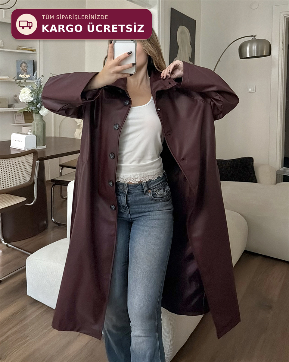 Premium Bordo Deri Uzun Trençkot