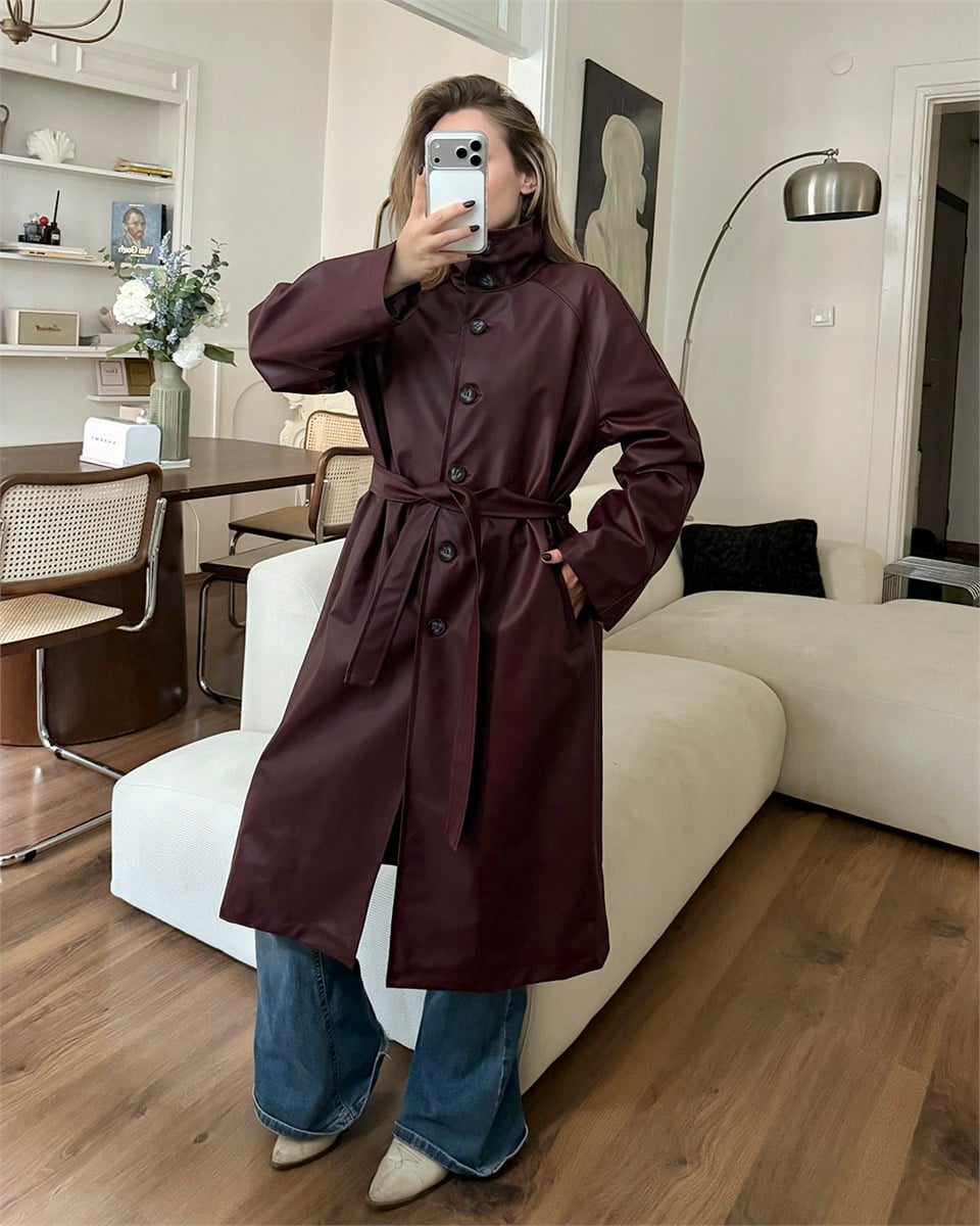 Premium Bordo Deri Uzun Trençkot