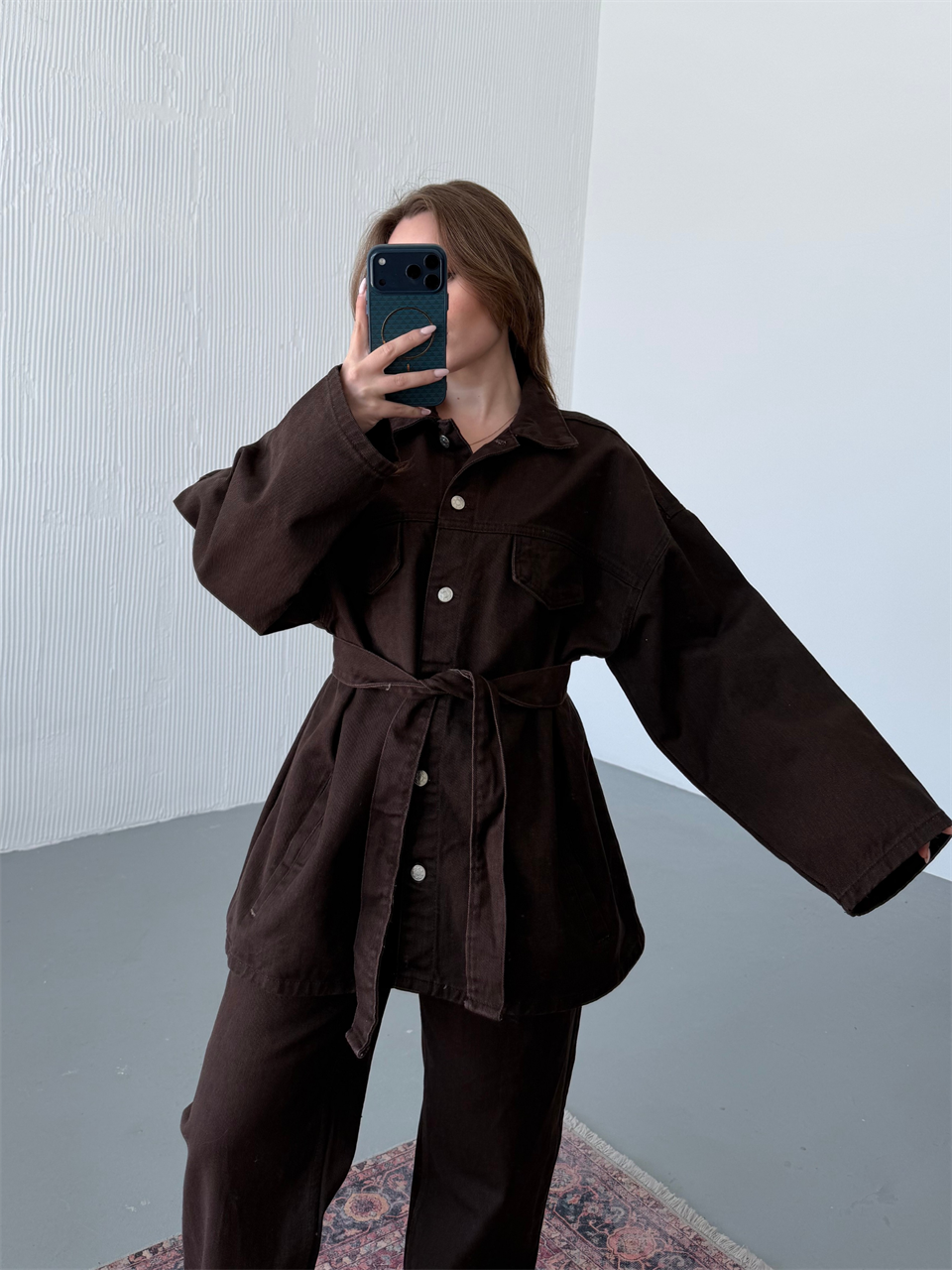 Kahverengi Denim Ceket Pantolon Takım