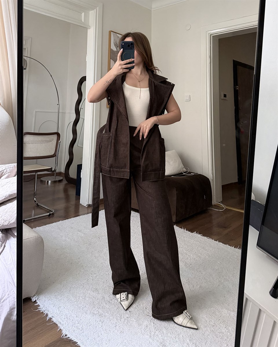 Luxe Denim Dokulu Kahverengi Yelek Pantolon Takım