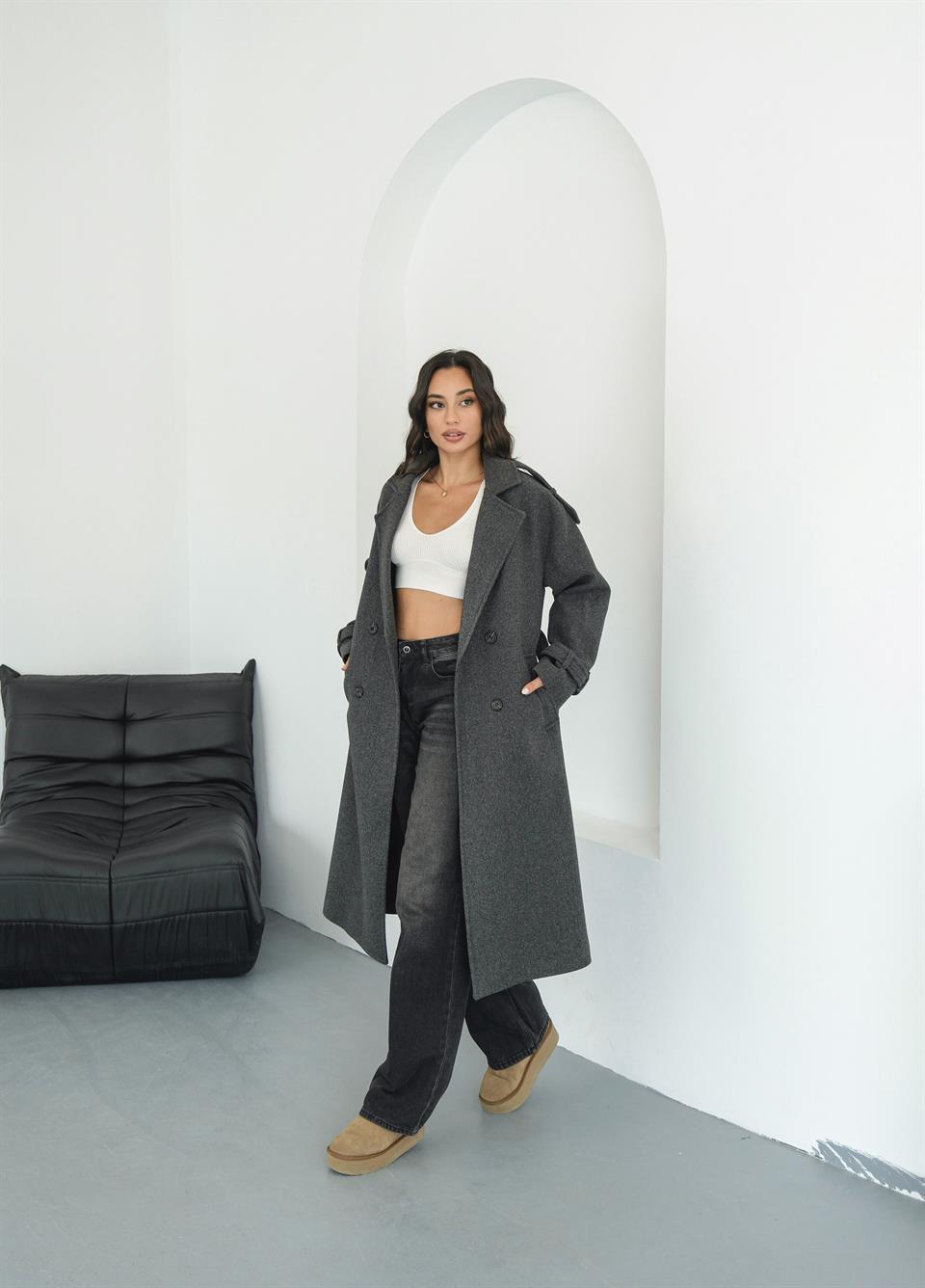 Premium Modern Antrasit Kaşe Kaban