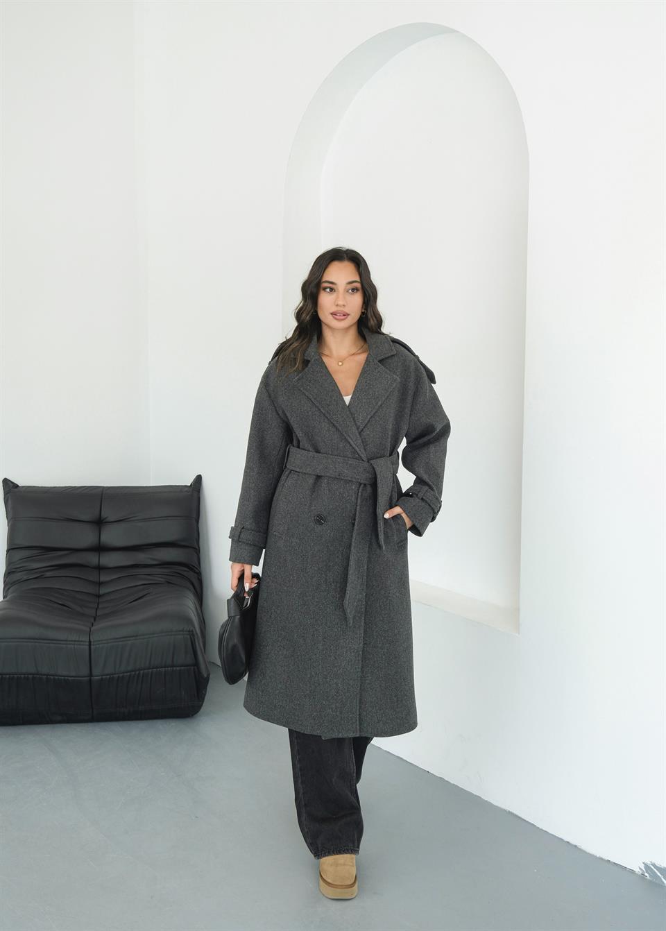 Premium Modern Antrasit Kaşe Kaban