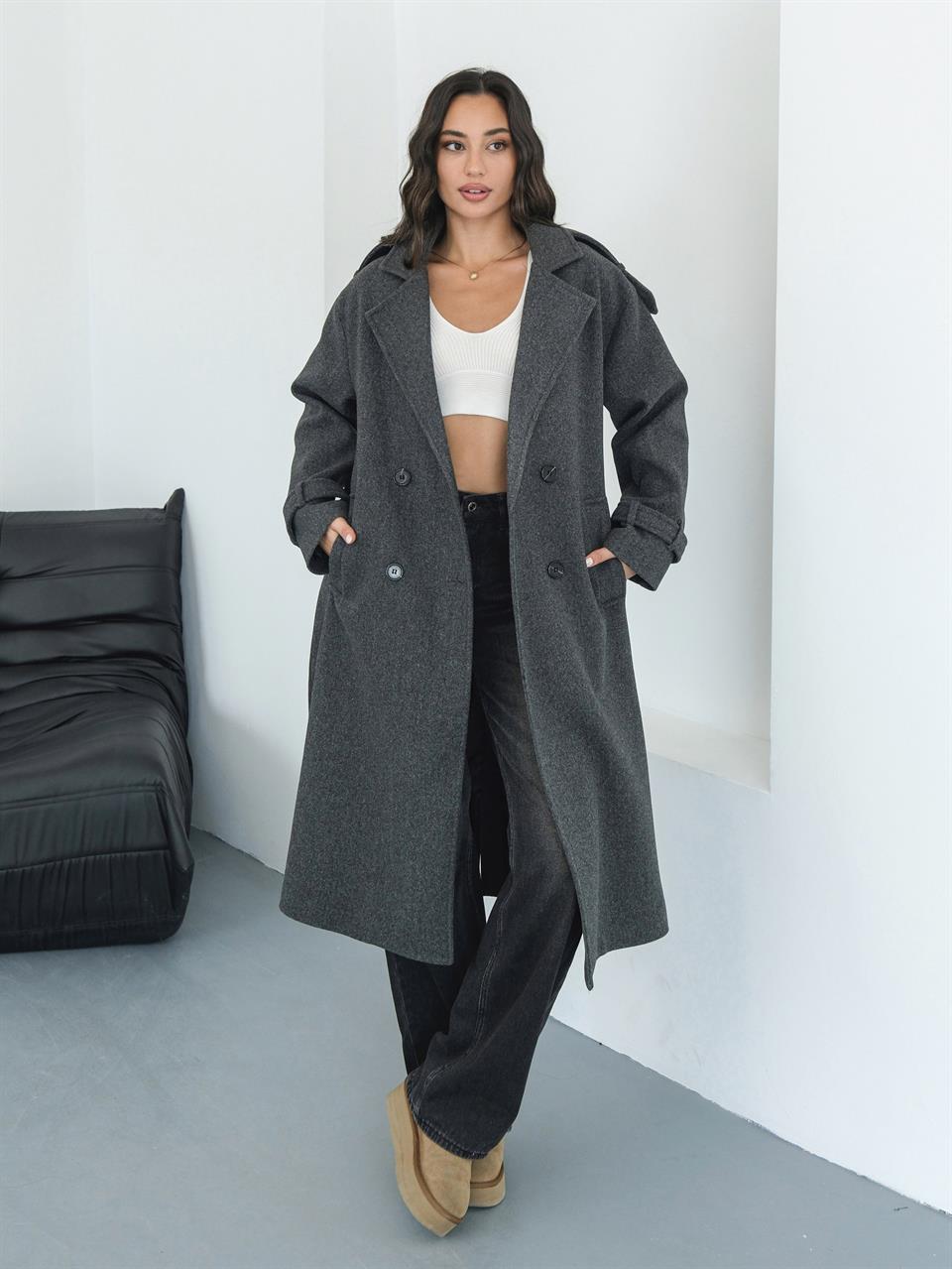 Premium Modern Antrasit Kaşe Kaban