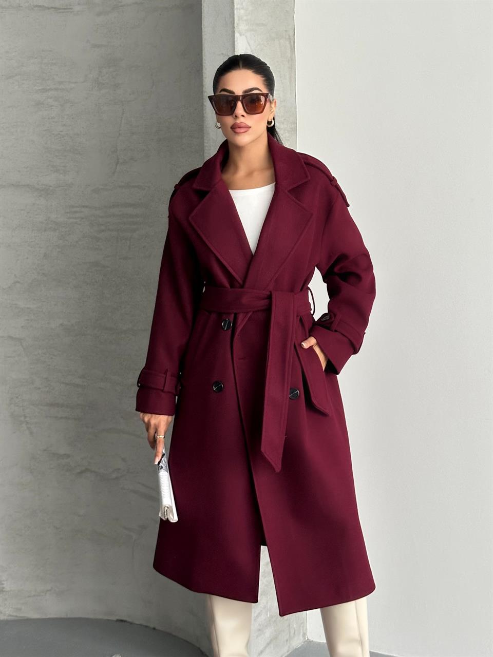 Premium Modern Bordo Kaşe Kaban