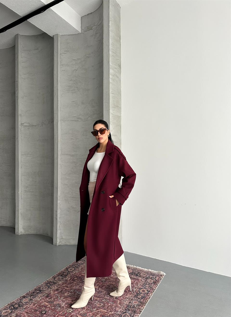 Premium Modern Bordo Kaşe Kaban