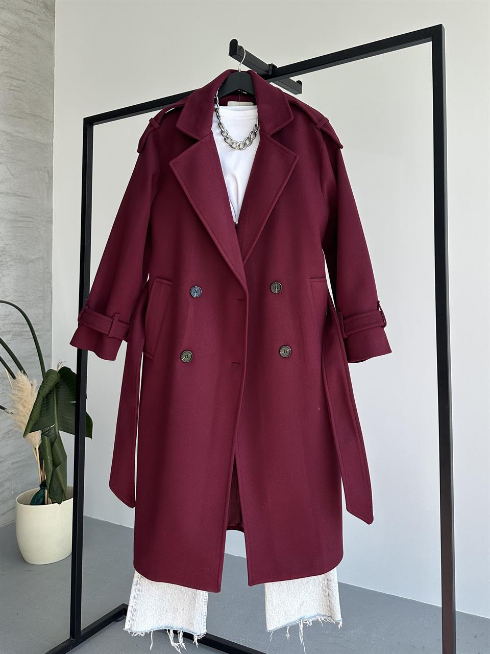Premium Modern Bordo Kaşe Kaban