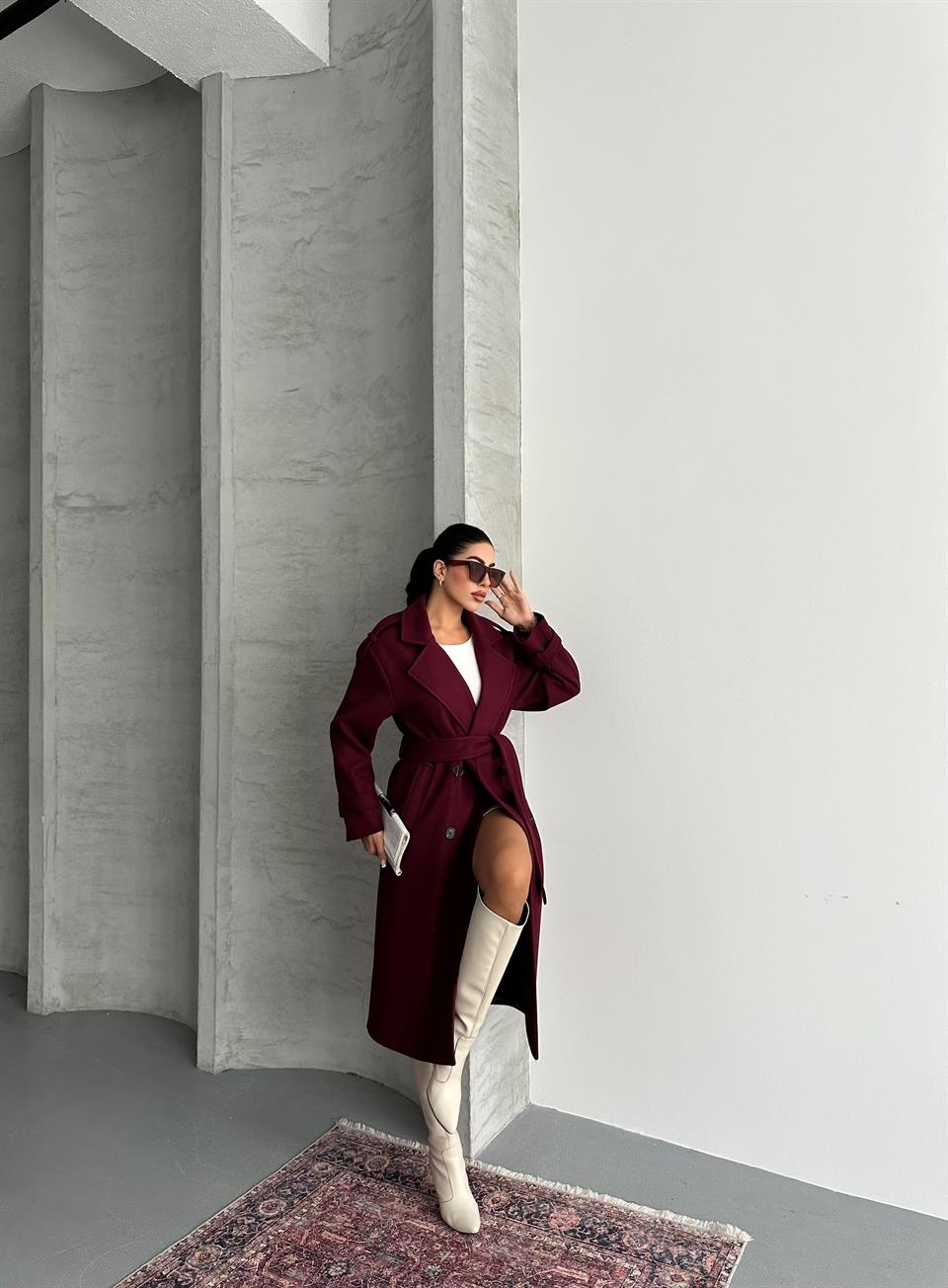 Premium Modern Bordo Kaşe Kaban