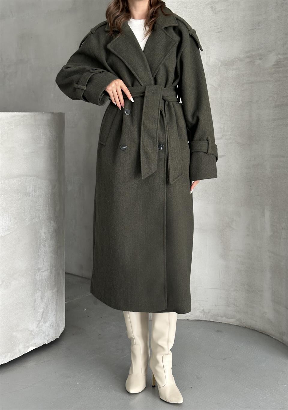 Premium Modern Haki Kaşe Kaban