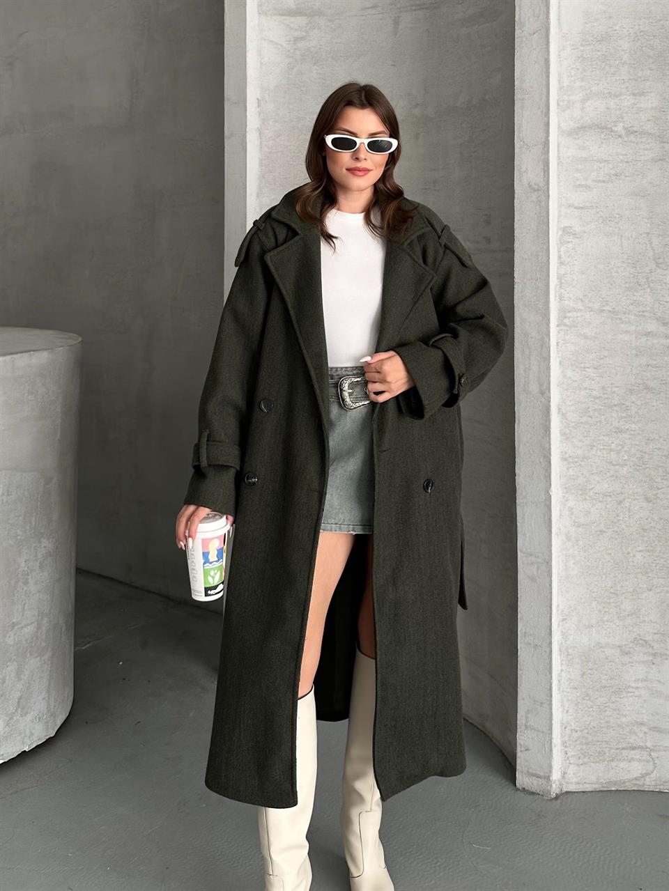 Premium Modern Haki Kaşe Kaban