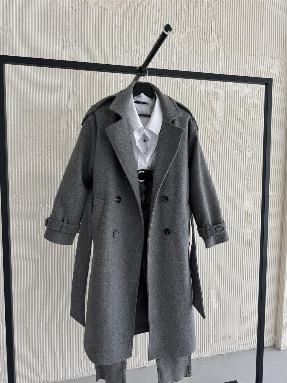 Premium Modern Melanj Gri Kaşe Kaban