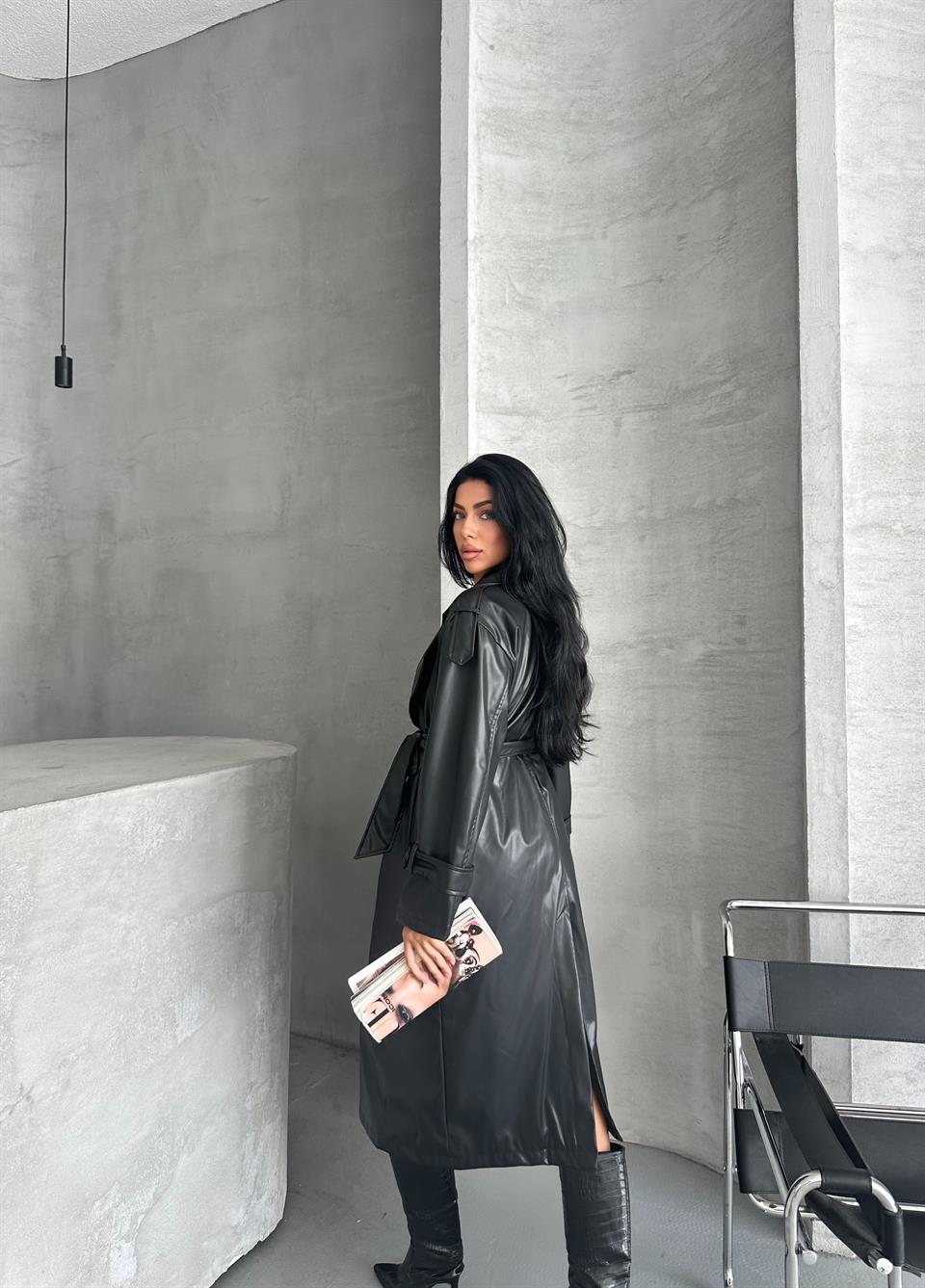 Pro Siyah Deri Trençkot