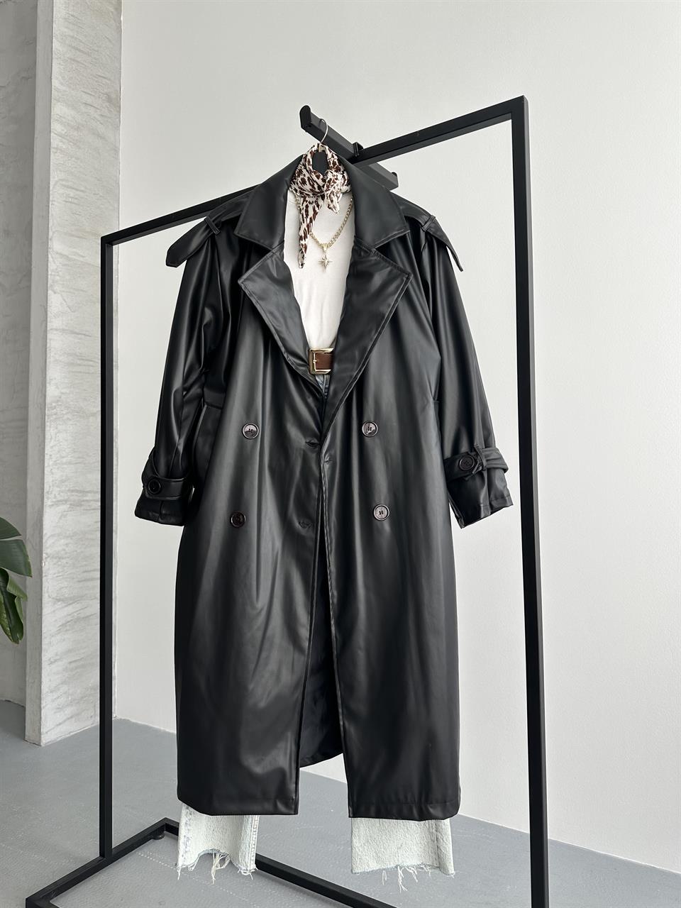 Pro Siyah Deri Trençkot