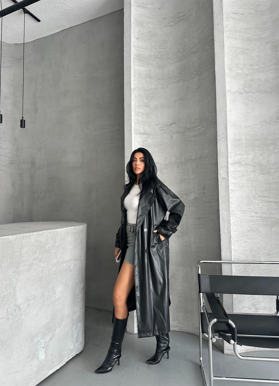 Pro Siyah Deri Trençkot