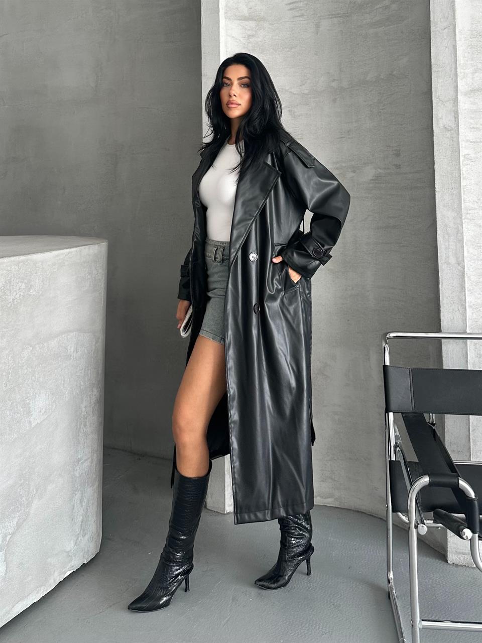 Pro Siyah Deri Trençkot