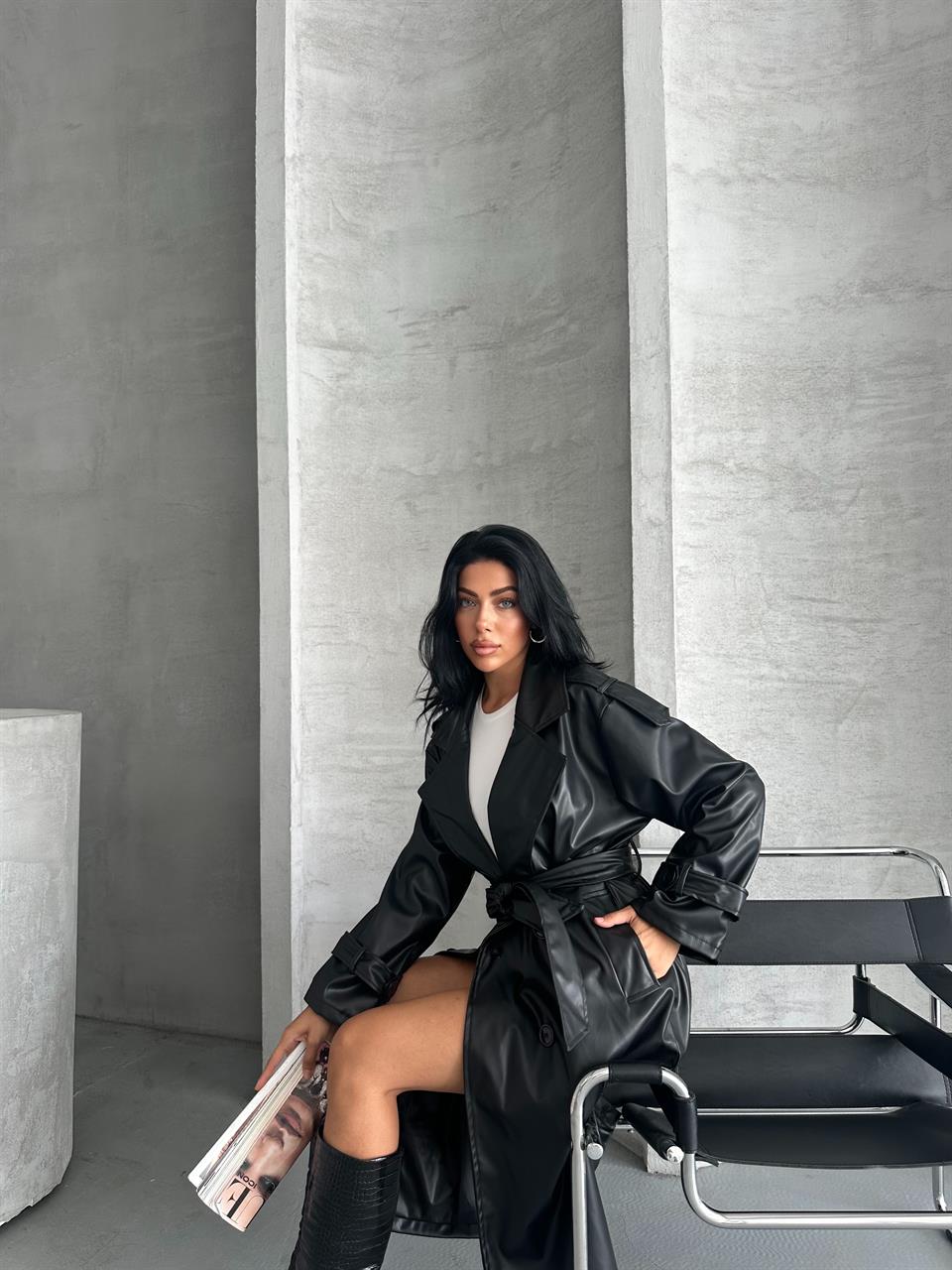 Pro Siyah Deri Trençkot