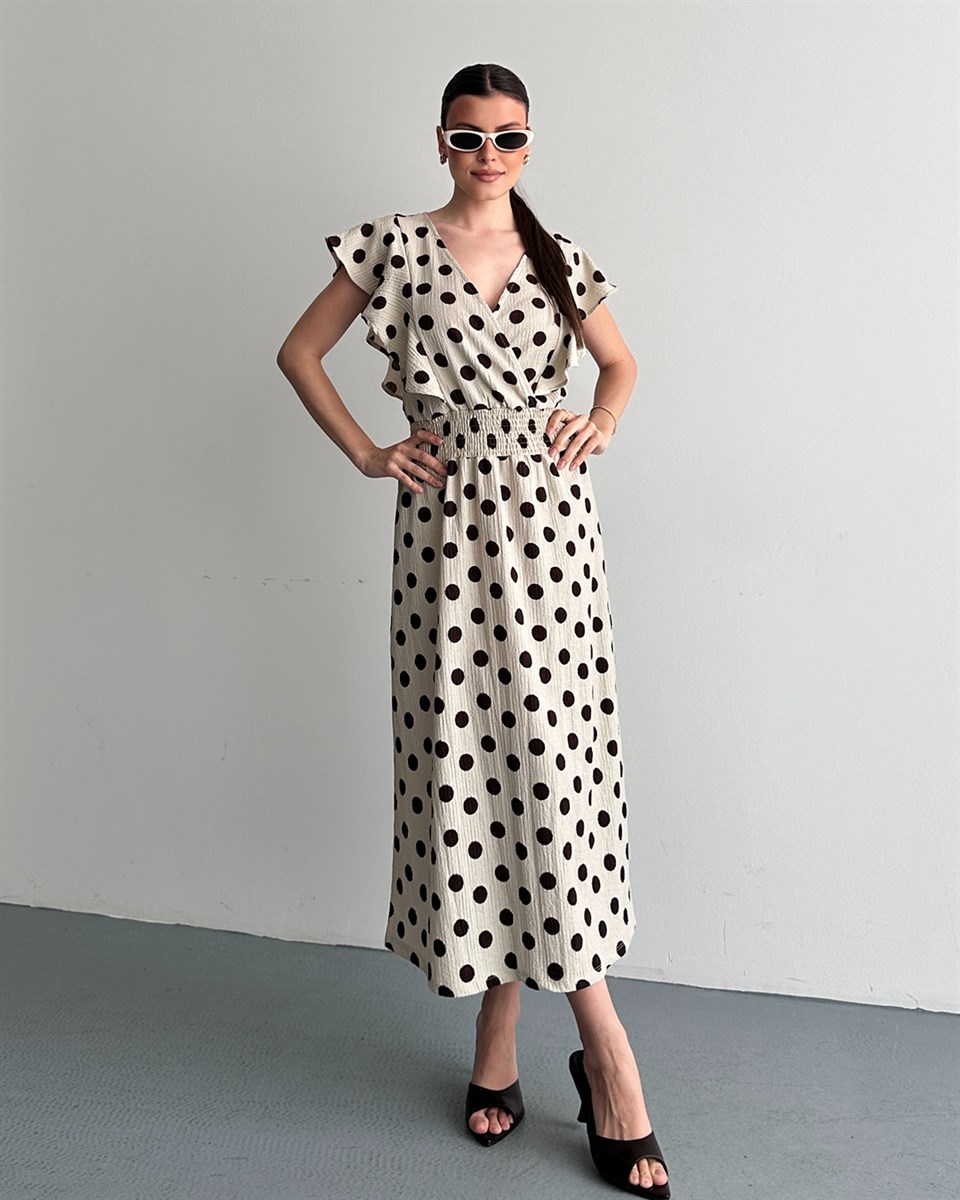 Puantiyeli Bej Kruvaze Yaka Elbise