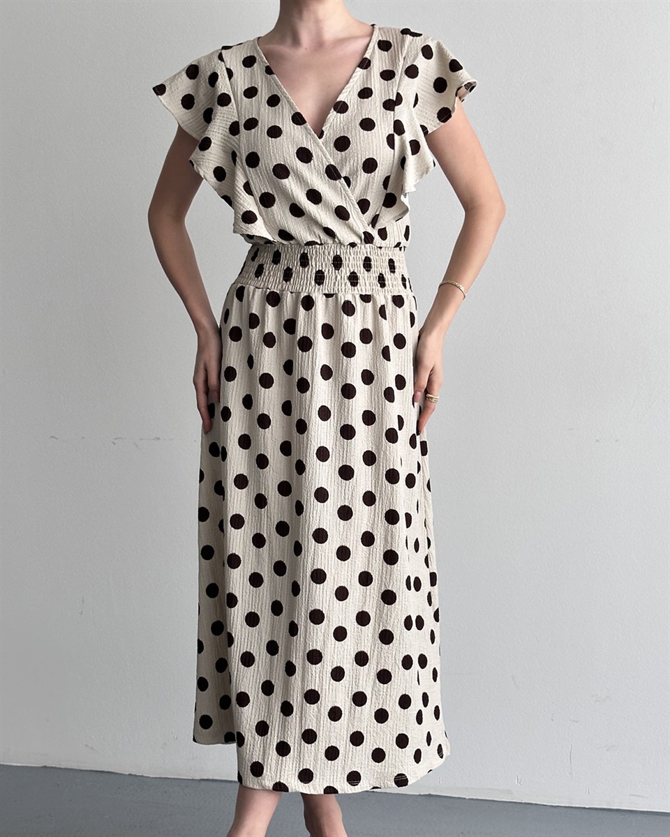 Puantiyeli Bej Kruvaze Yaka Elbise