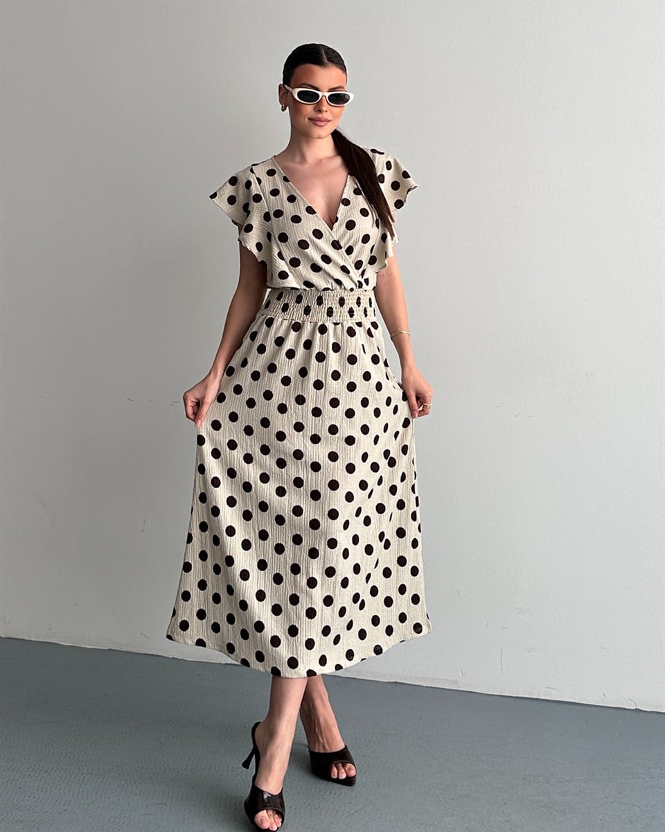 Puantiyeli Bej Kruvaze Yaka Elbise