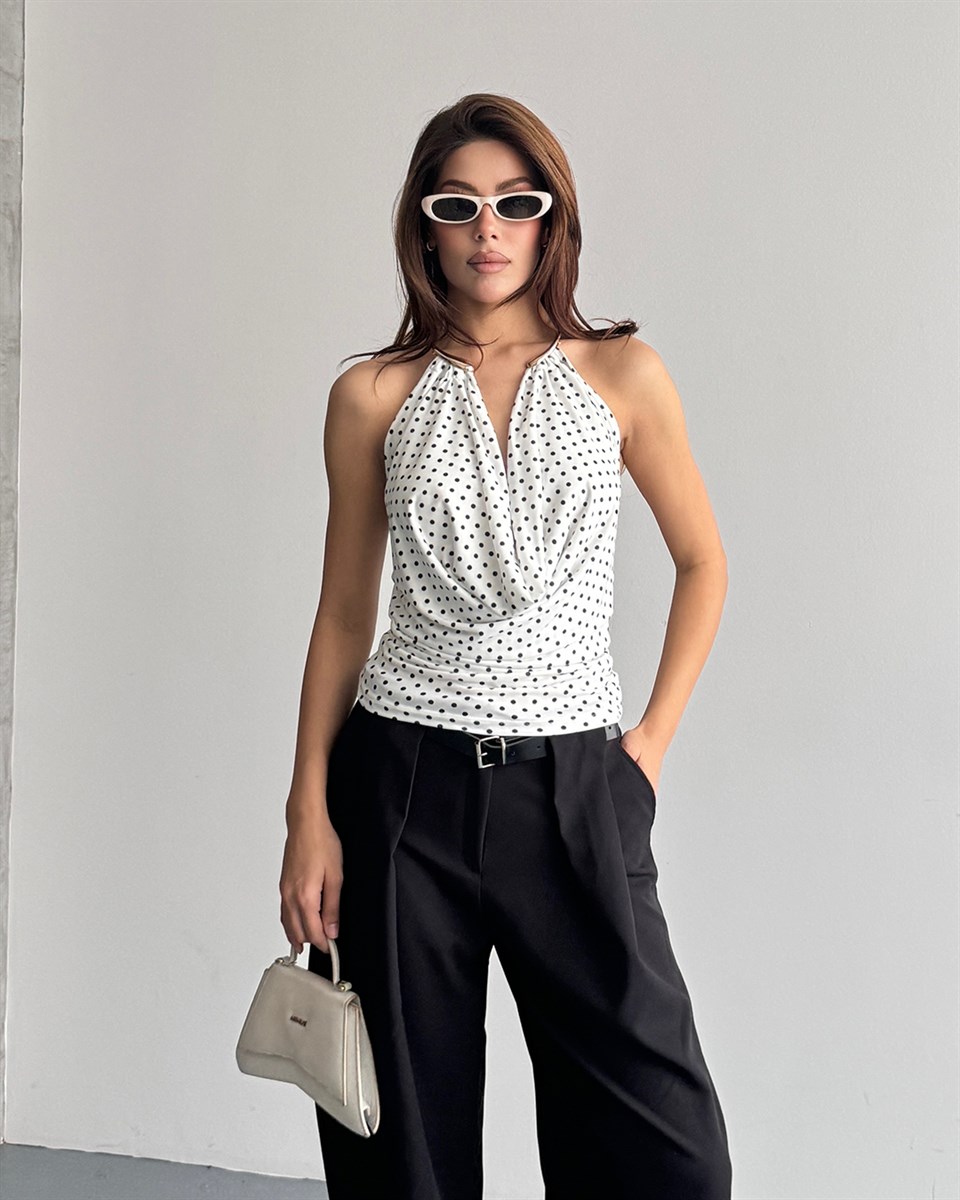 Puantiyeli Degaje Yaka Beyaz Bluz