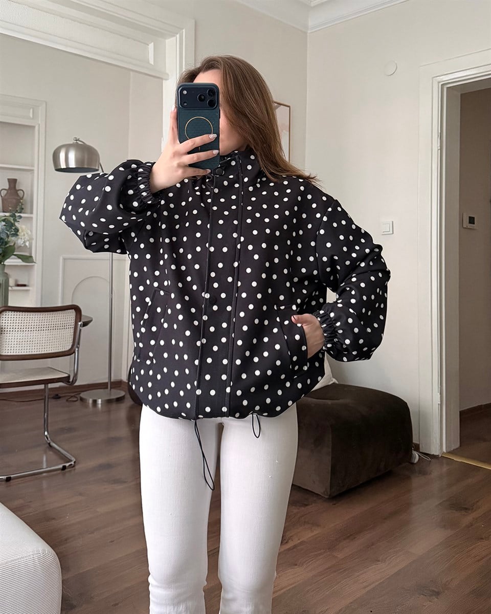 Puantiyeli Siyah Bomber Ceket