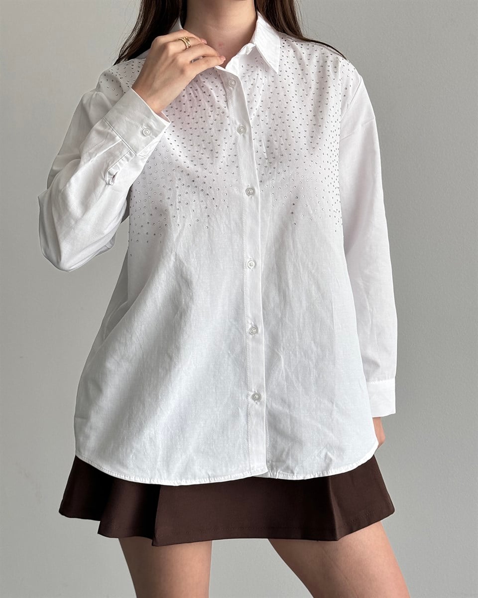 Riva Taş İşlemeli Beyaz Gömlek