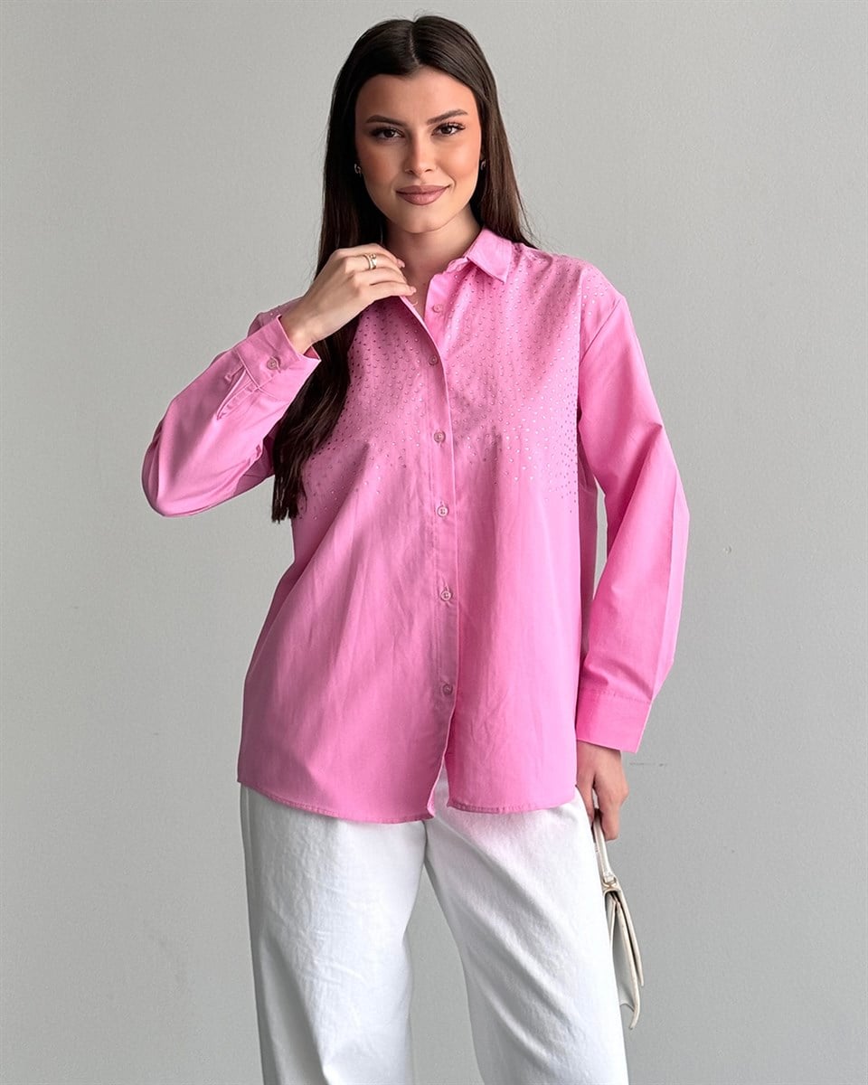 Riva Taş İşlemeli Pembe Gömlek