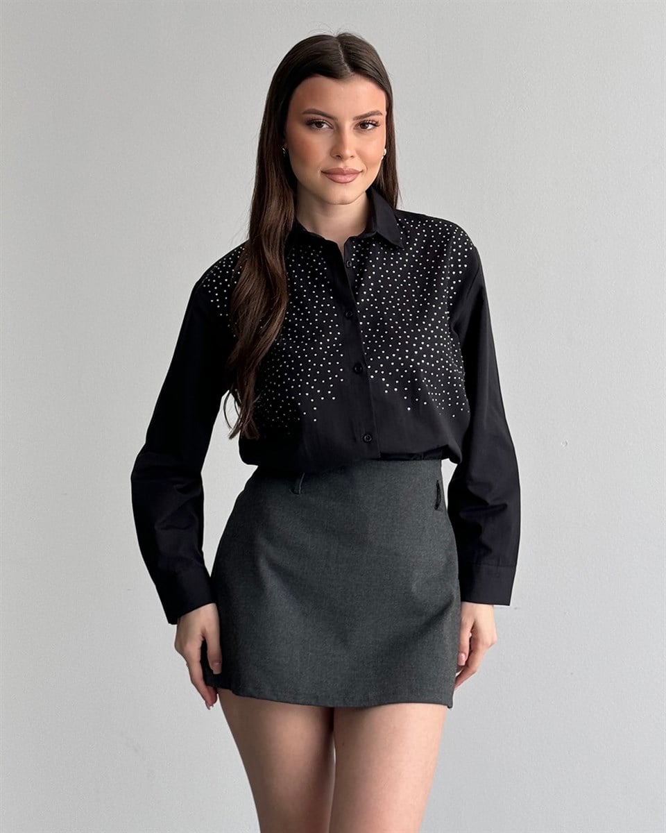 Riva Taş İşlemeli Siyah Gömlek