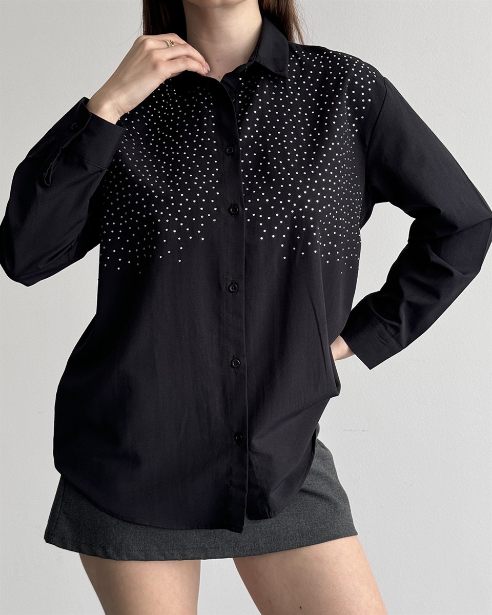 Riva Taş İşlemeli Siyah Gömlek