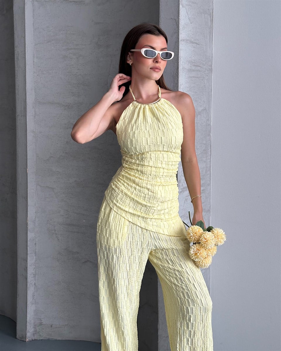 Sarı Bürümcük Halter Yaka Pantolon Takım