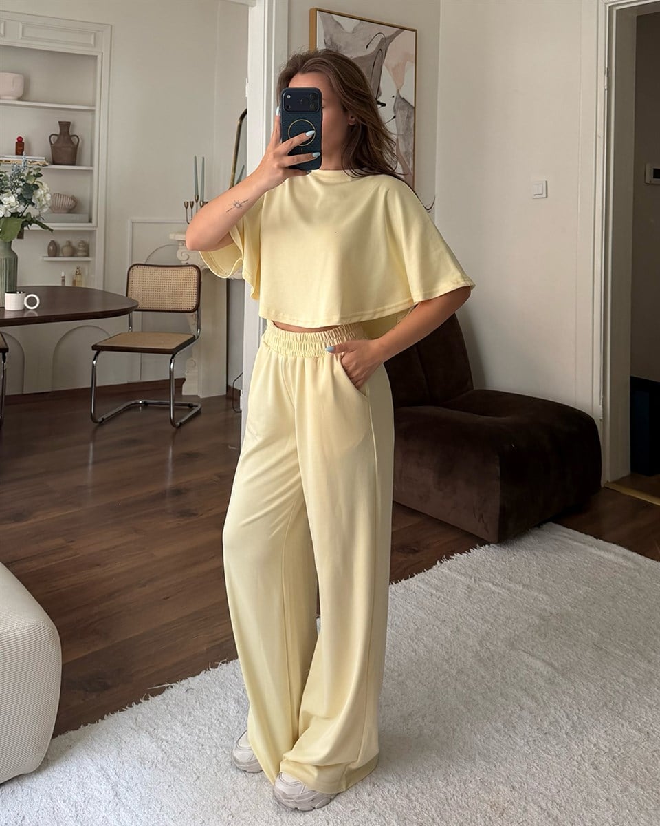 Sarı Crop Beli Lastikli Eşofman Takımı