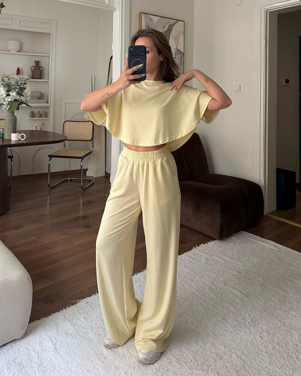 Sarı Crop Beli Lastikli Eşofman Takımı