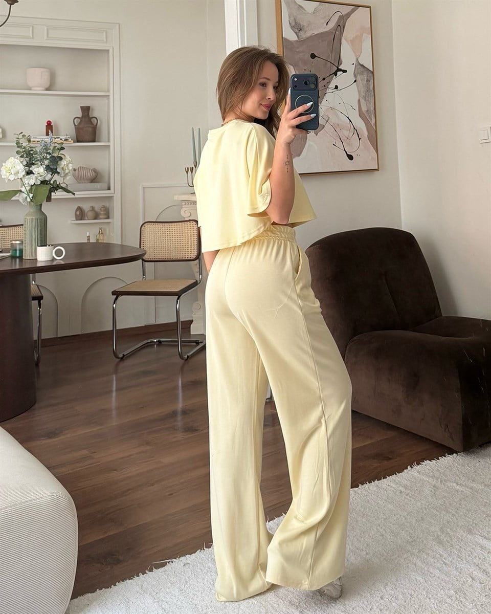 Sarı Crop Beli Lastikli Eşofman Takımı