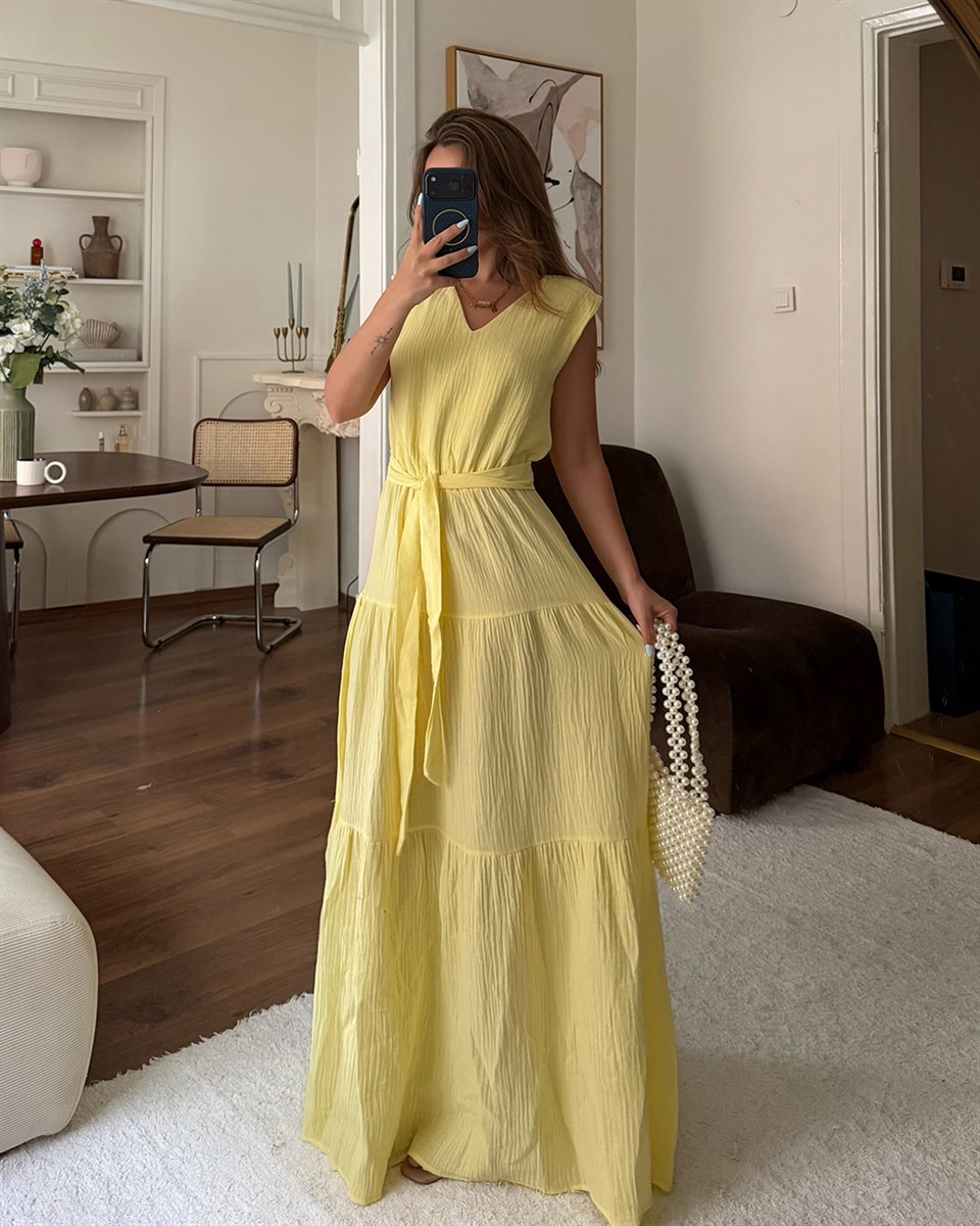 Sarı Kuşaklı Krinkıl Maxi Elbise