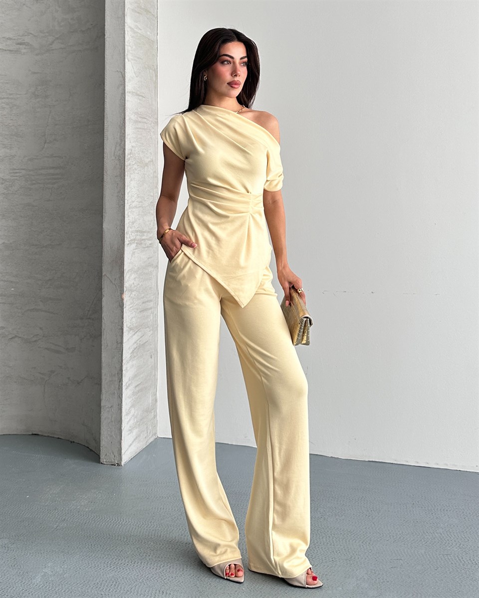 Sarı Tek Omuz Drape Detaylı İkili Takım