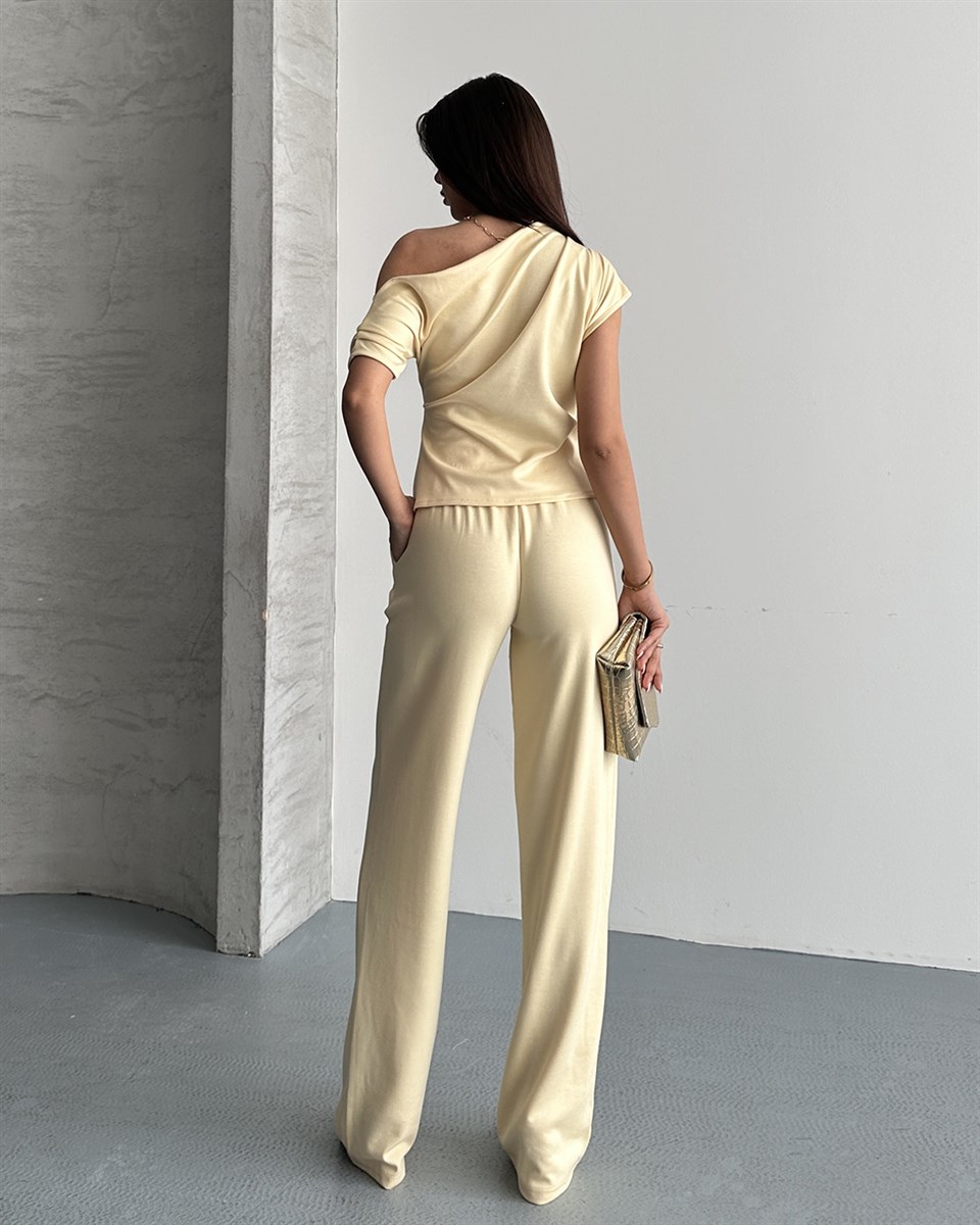 Sarı Tek Omuz Drape Detaylı İkili Takım